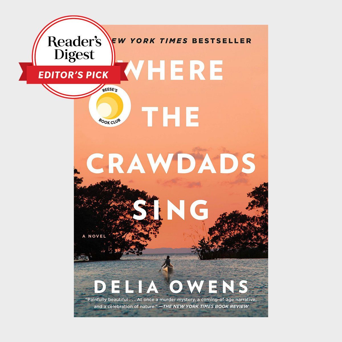 Book cover shows a person rowing on water at sunset, surrounded by trees. Text: "Where the Crawdads Sing" by Delia Owens.
