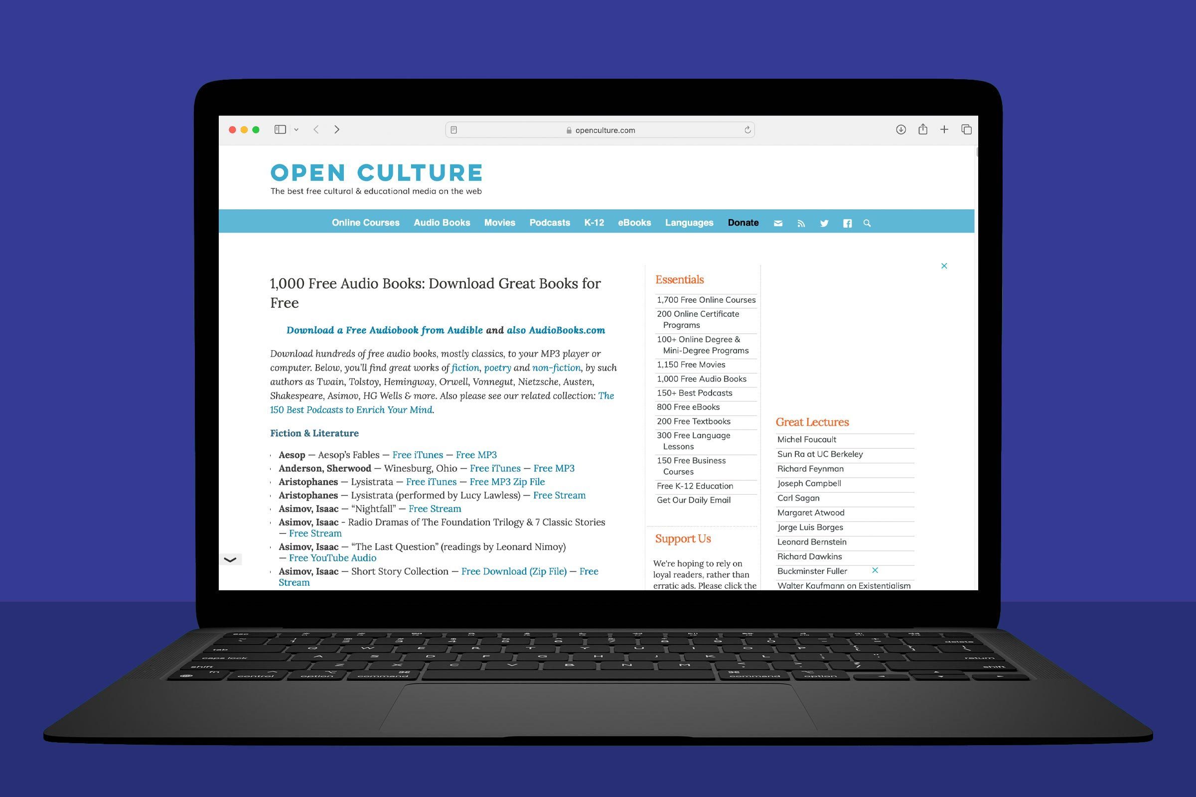Laptop displaying a webpage listing free audiobooks, classic literature downloads, and educational resources, set against a solid blue background.