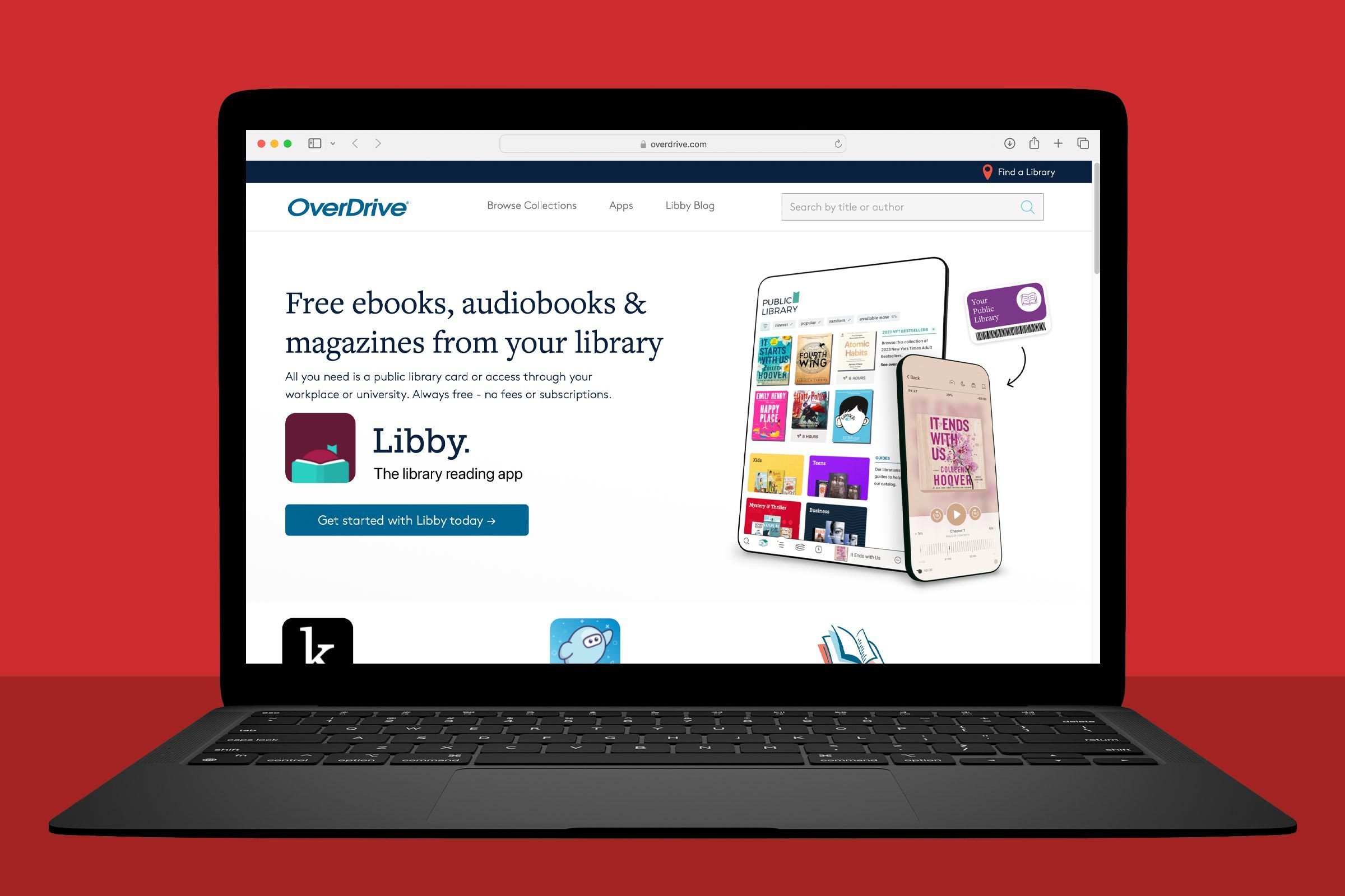 Laptop screen displaying OverDrive's website; features Libby app promoting free library ebooks, audiobooks, magazines. Shows tablet and smartphone with book covers.