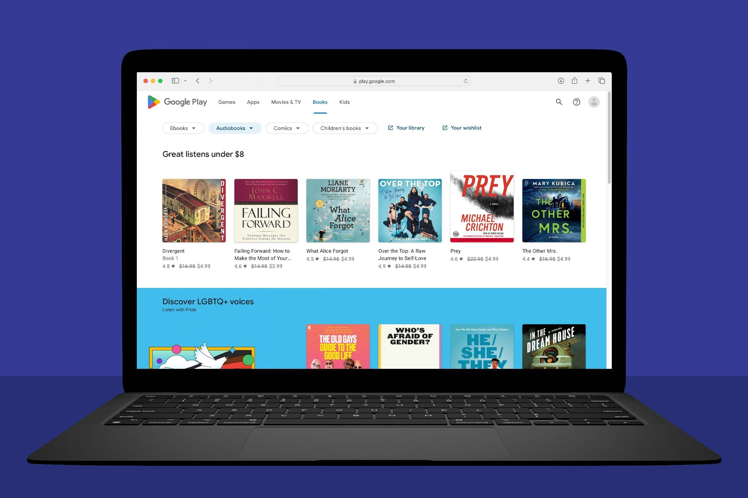 A laptop displays Google Play Books, showing discounted audiobooks under $8. Titles include "Divergent," "Failing Forward," and more, with ratings and prices.