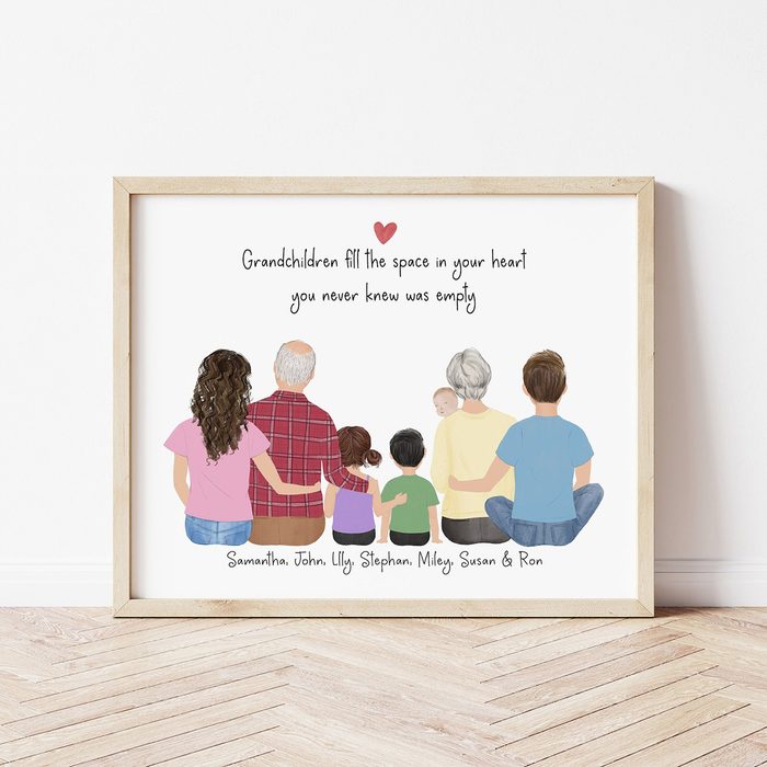 Framed illustration shows family sitting together, viewed from the back, against a white wall. Text: 