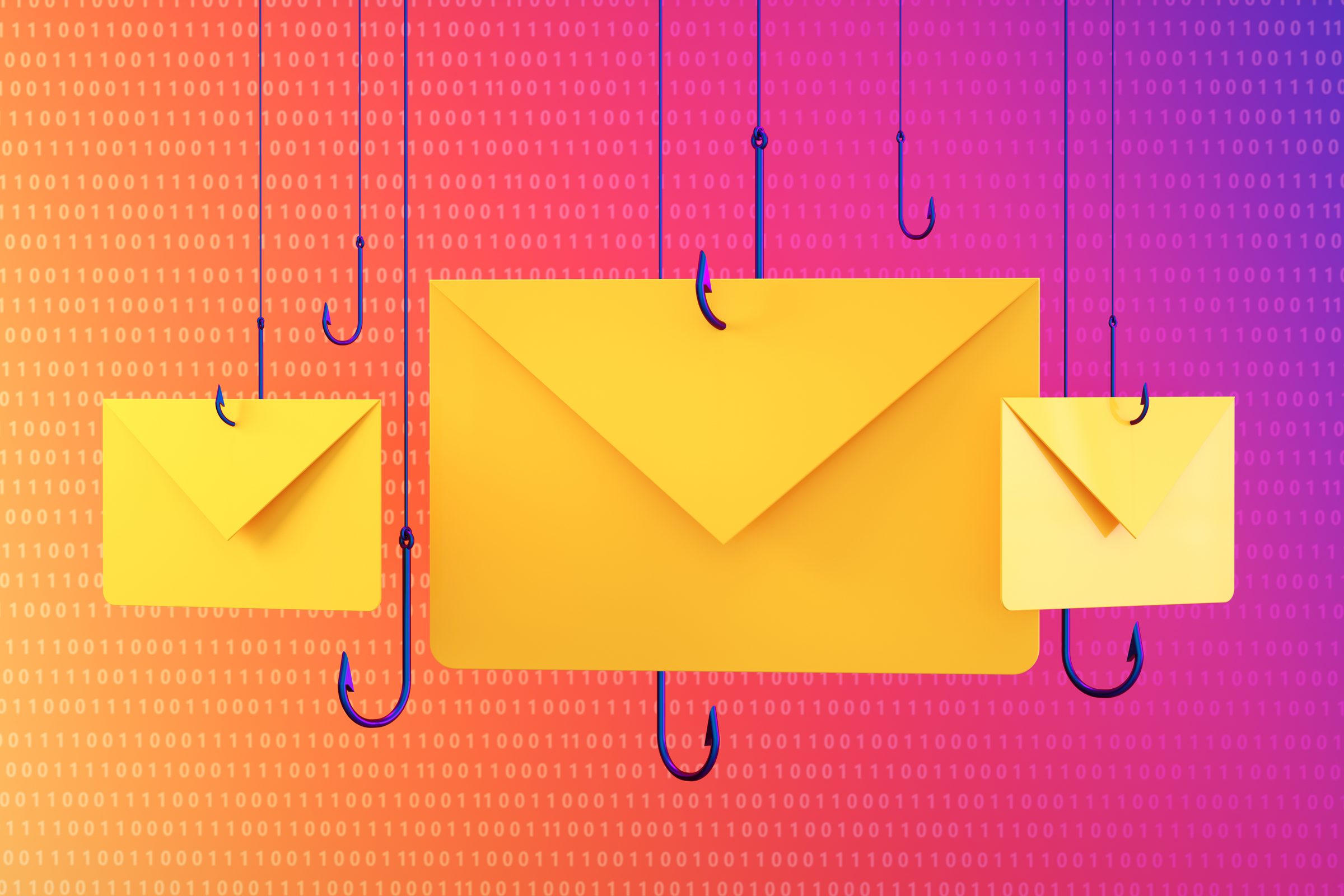 Yellow envelopes caught on fishhooks, hanging against a background of binary code in vibrant orange and pink hues.