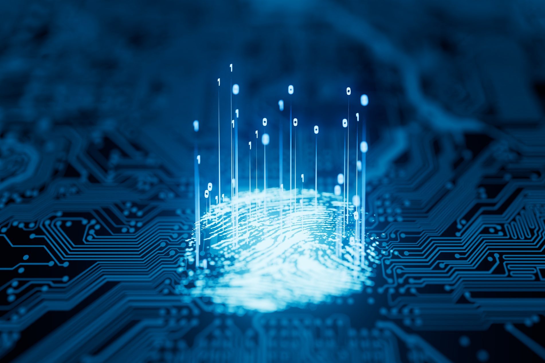 Fingerprint emits digital binary code above a circuit board, conveying technology and data processing concepts.