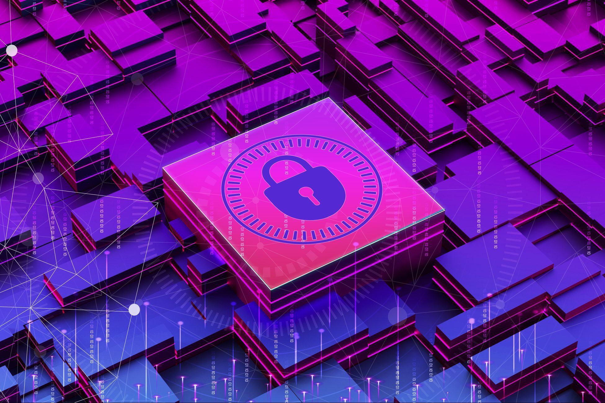 A digital lock icon rests on a glowing platform, surrounded by an abstract network and geometric shapes in purple and blue tones.