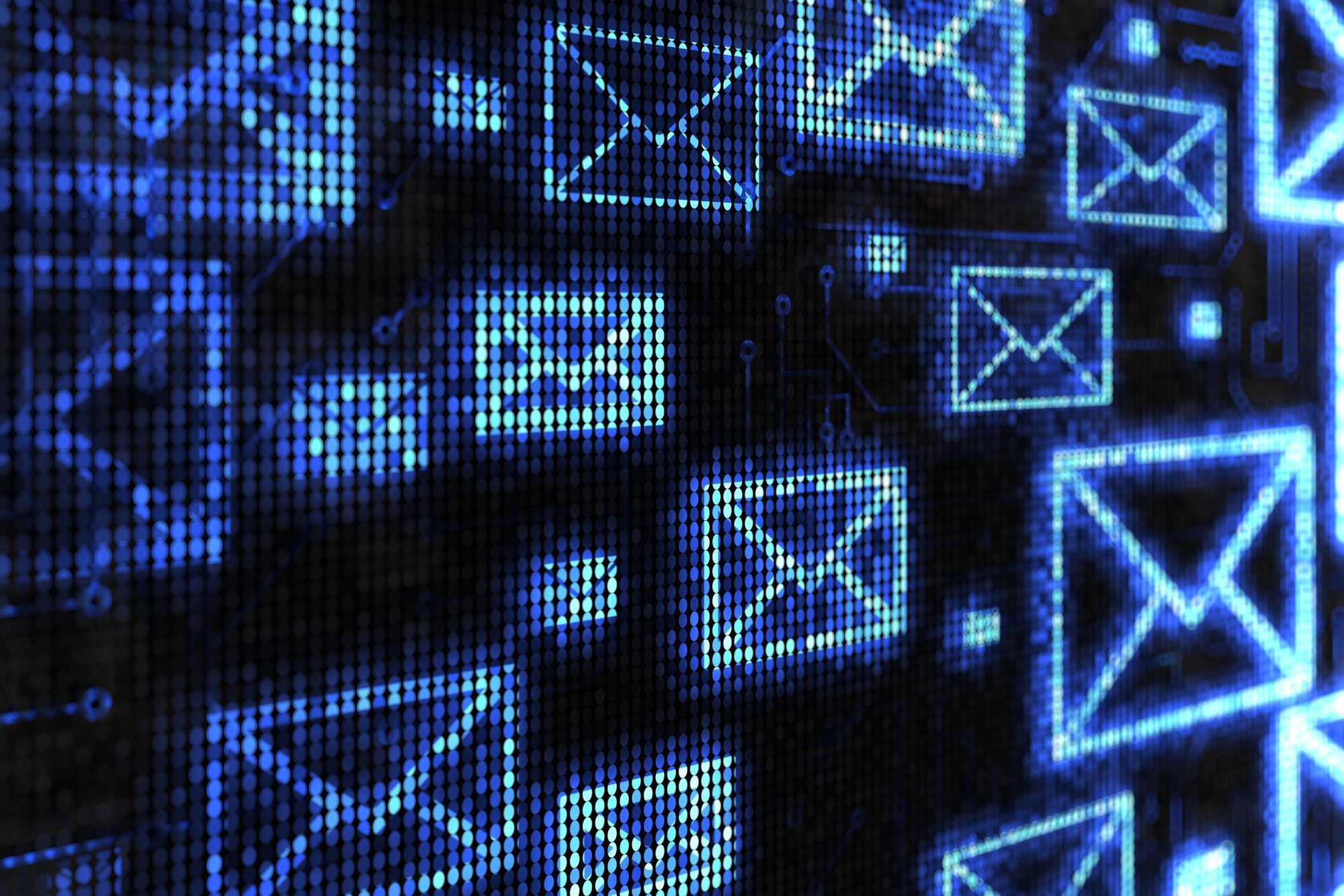 Digital envelopes glow brightly, symbolizing email communication, against a dark, pixelated background.