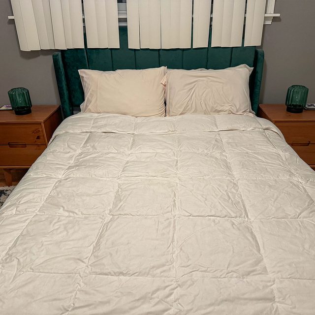 Bed is neatly made with cream comforter and pillows, flanked by wooden nightstands. Vertical blinds cover a window above the green upholstered headboard.