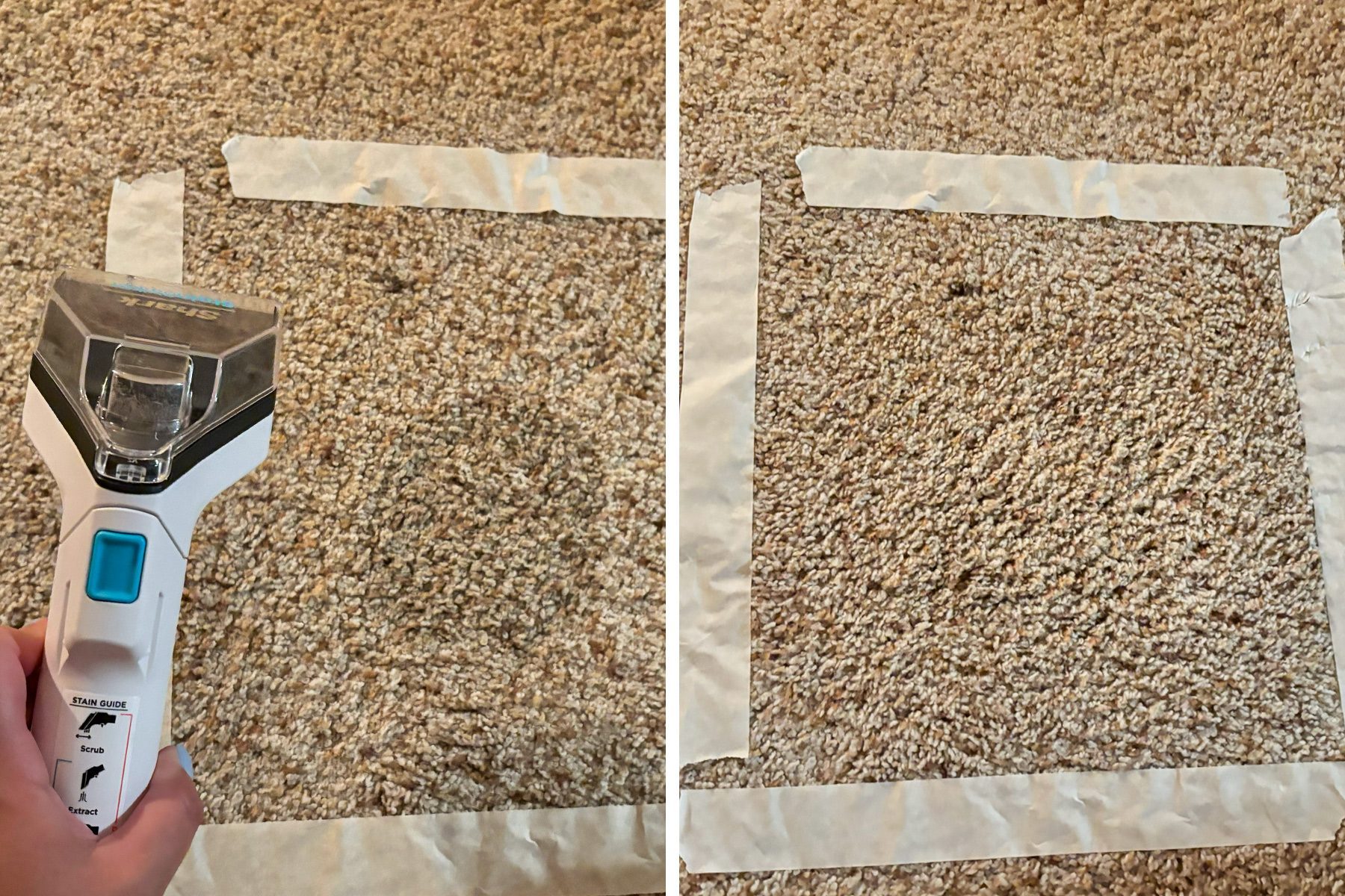 Carpet cleaner scrubbing a taped section on carpet in a room, showing clean results next to the used machine.