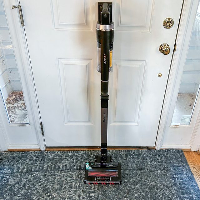 Vacuum cleaner stands upright against a white door, resting on a patterned blue carpet.