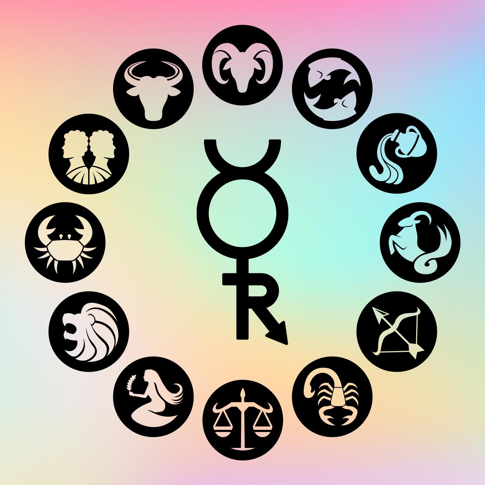 Zodiac symbols form a circle around a retrograde Mercury symbol on a pastel gradient background.