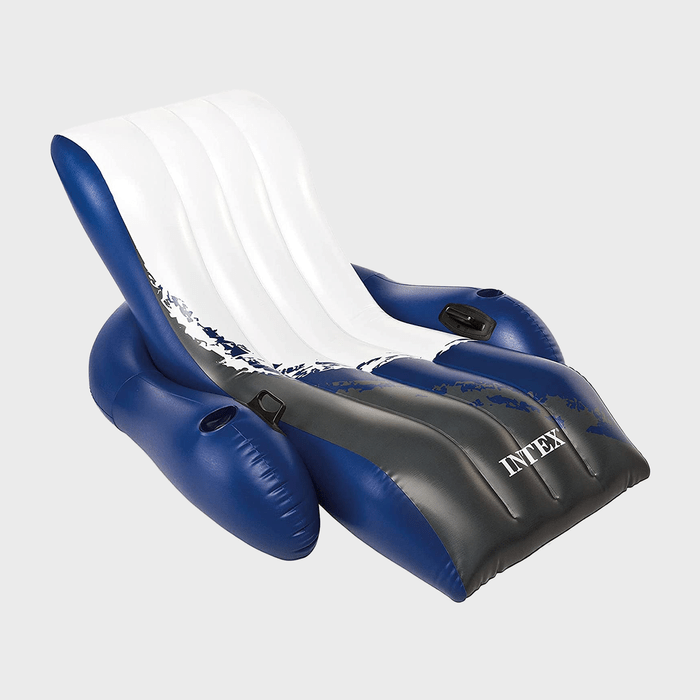 Inflatable recliner with cup holders sits in a neutral space. Text reads 
