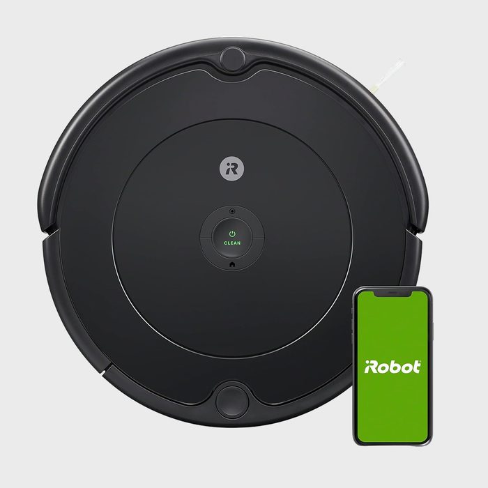 A circular, black robotic vacuum with a 