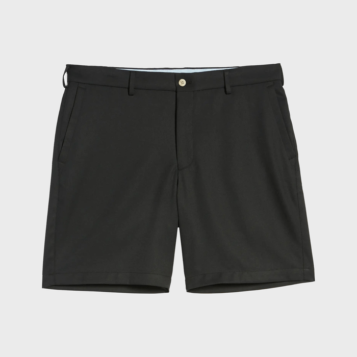 Black shorts lie flat, displayed against a plain white background.