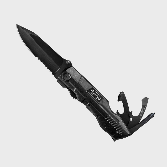 Black multi-tool knife extended with various implements against a plain background. Engraved text reads â€œReveres.â€