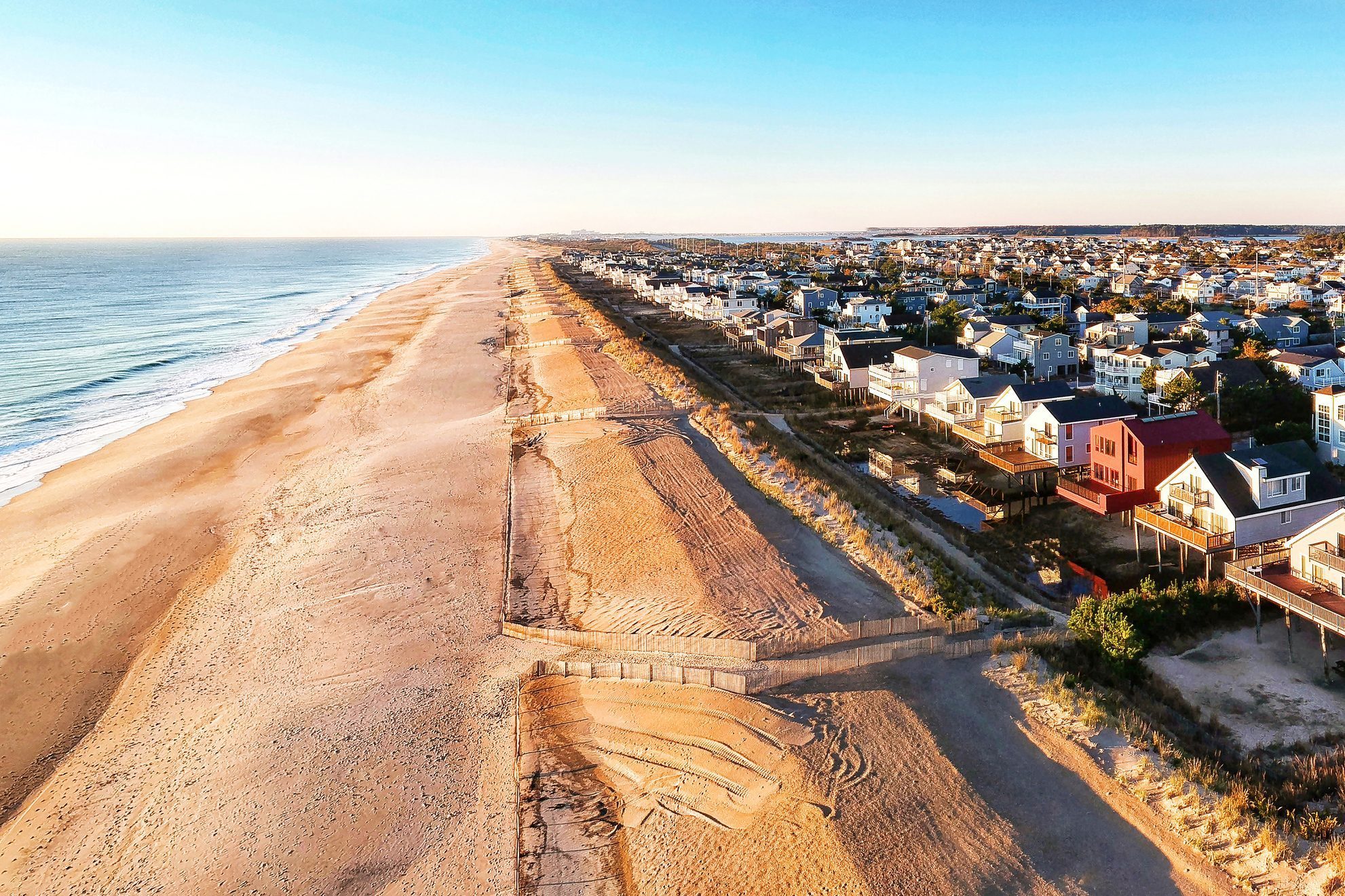Drone view of South Bethany Beach Delaware and dune line constructed by The Army Corps of Engineers