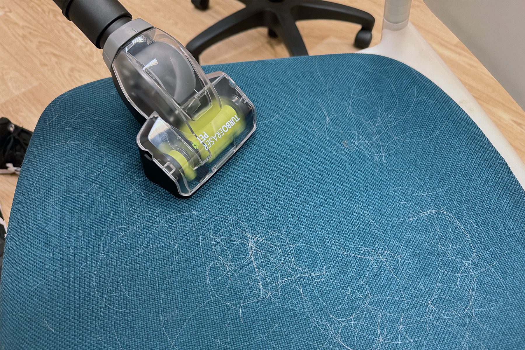 Vacuum cleaner removes pet hair on blue fabric chair in an office setting.
