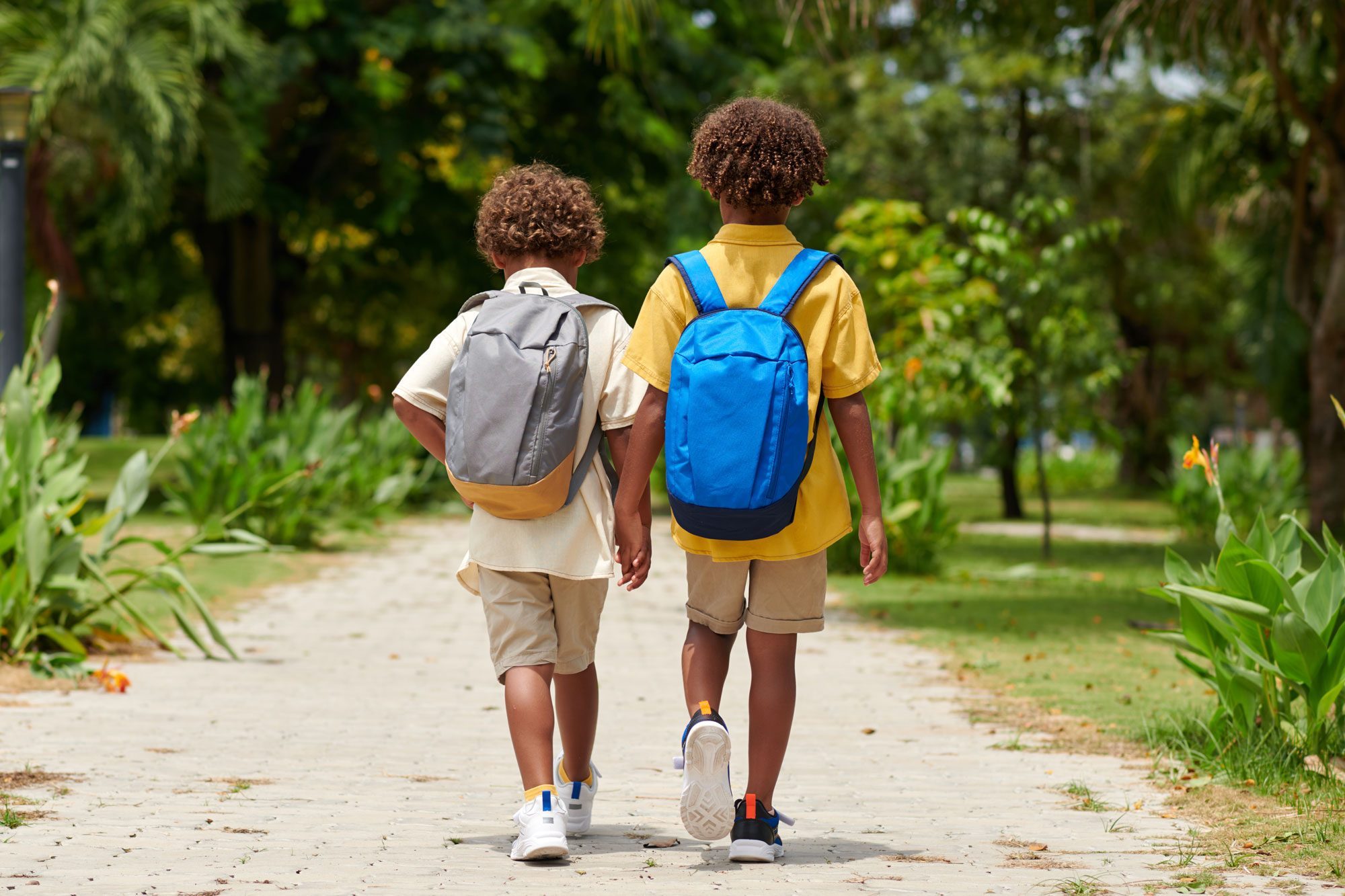 Schoolboys With Backpacks Walking Home After Classes