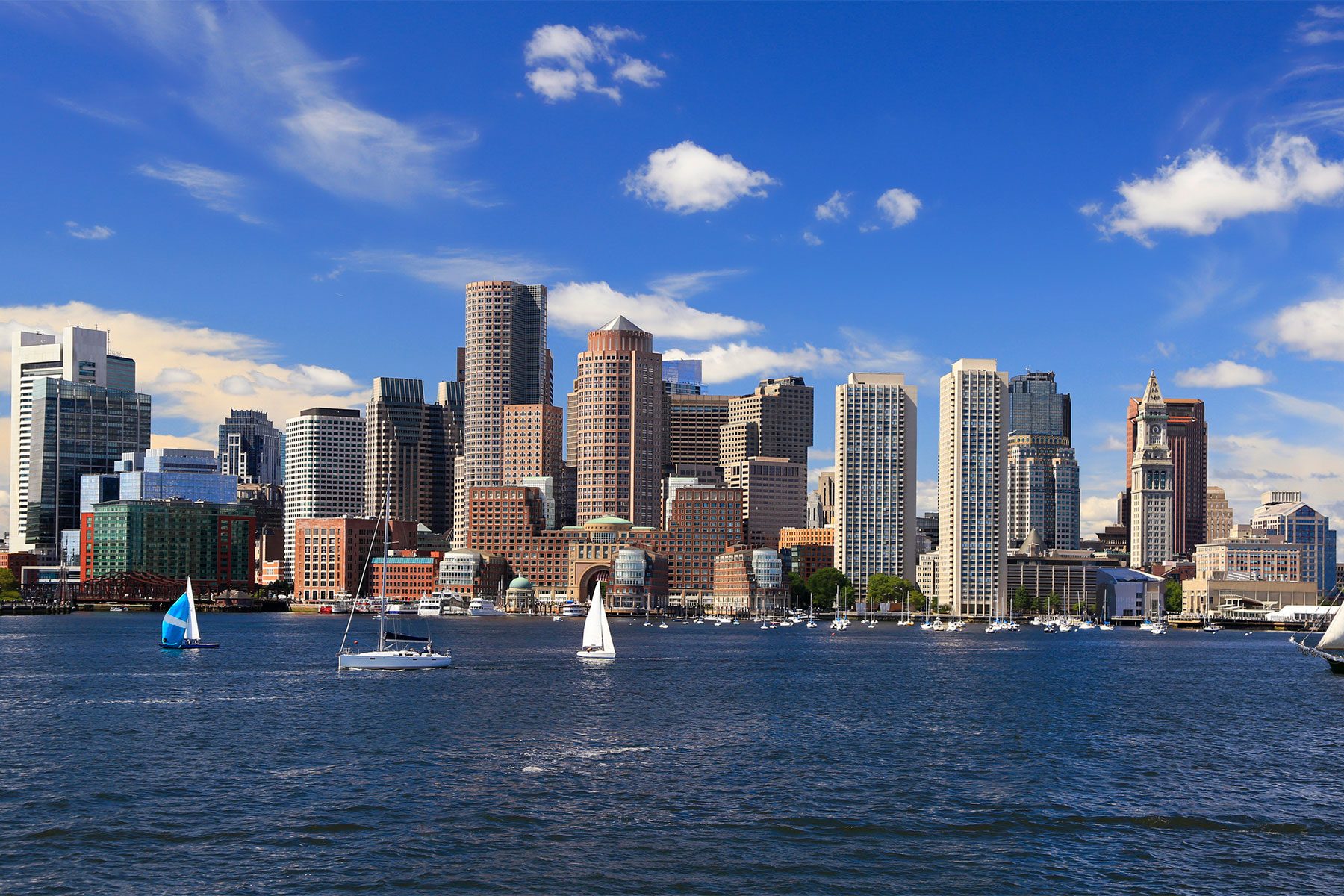 Scenic Boston skyline with the Atlantic Ocean on the foreground, USA