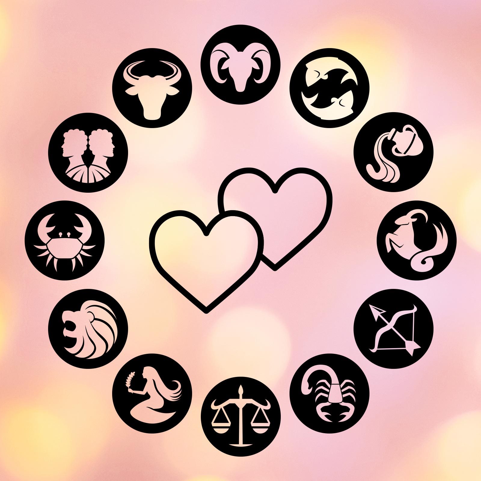 Two hearts surrounded by zodiac symbols form a circle against a soft, blurred pink and yellow background.