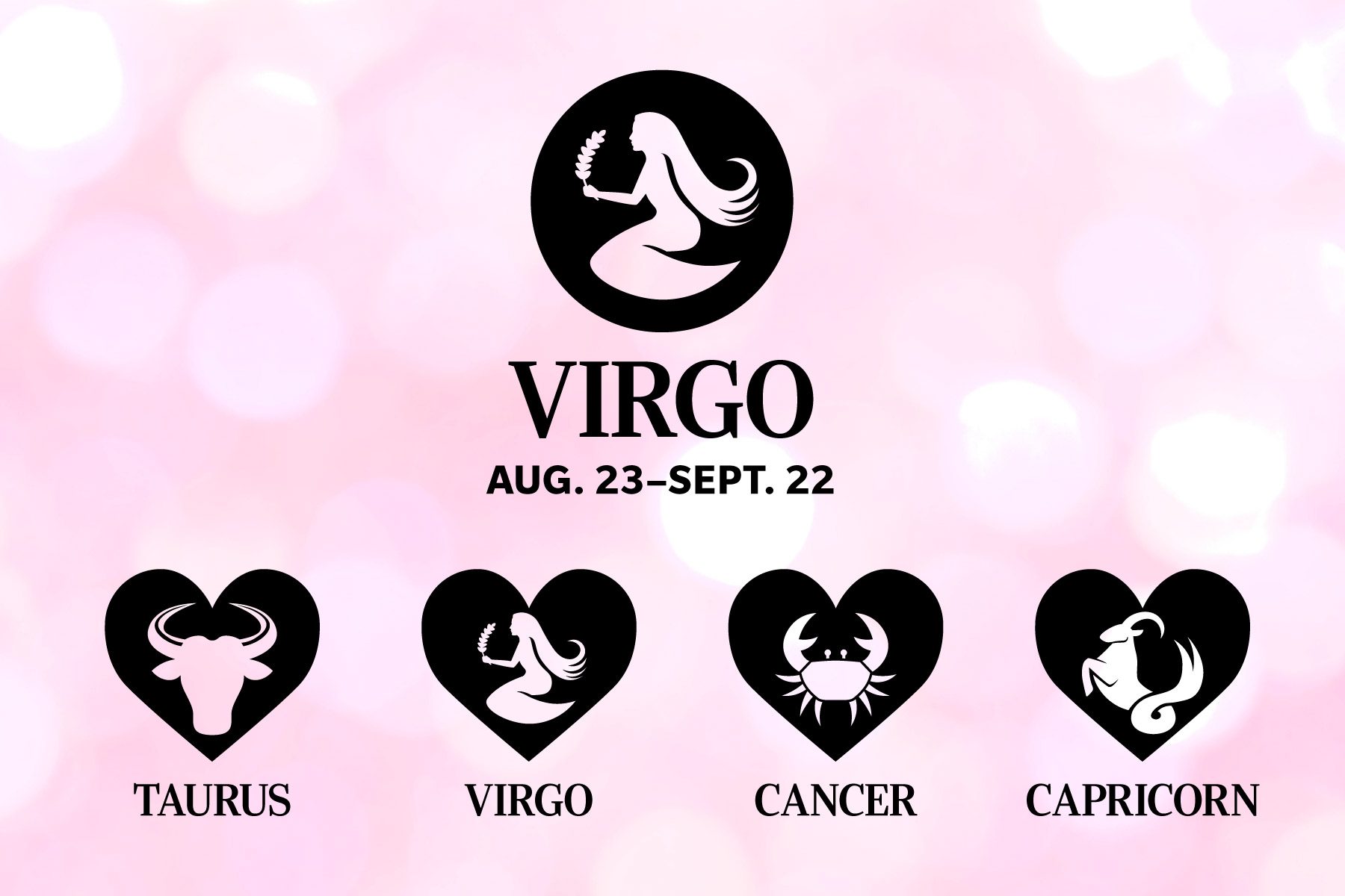 Zodiac symbols are displayed in hearts on a pink background, with text "VIRGO AUG. 23â€“SEPT. 22," and symbols for Taurus, Virgo, Cancer, Capricorn.