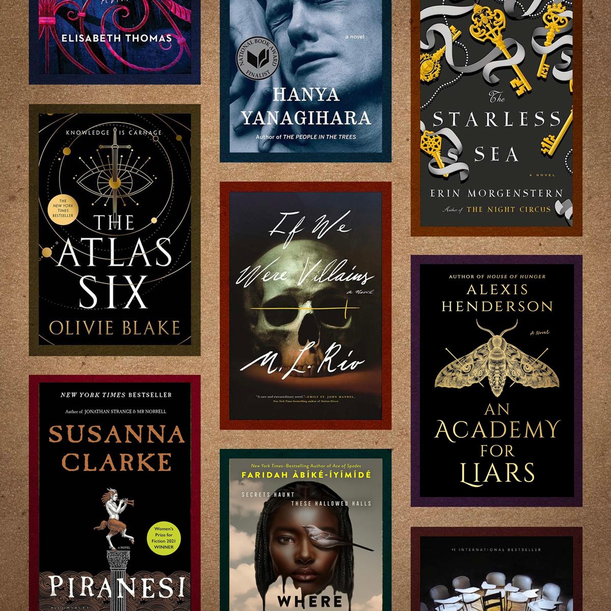 Nine book covers are displayed in a grid, each featuring unique artwork and titles like "The Atlas Six" and "If We Were Villains."