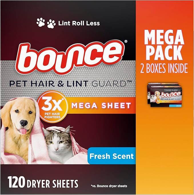 Box features Bounce dryer sheets, promoting pet hair and lint guard with 3x effectiveness. Includes images of a dog and cat, labeled 