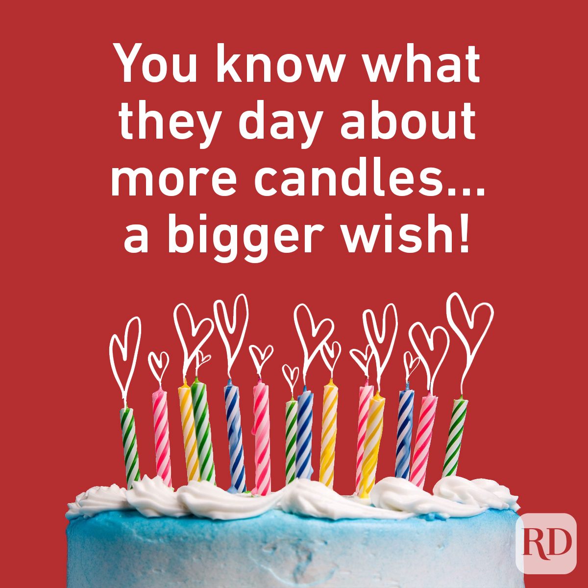 Birthday Puns For The Ages candle on cake with heart doodles on red background