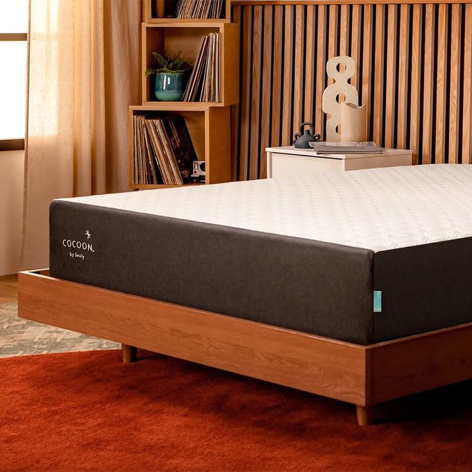 Mattress rests on a wooden bed frame in a cozy room with bookshelves, plants, and a red rug. Text: 