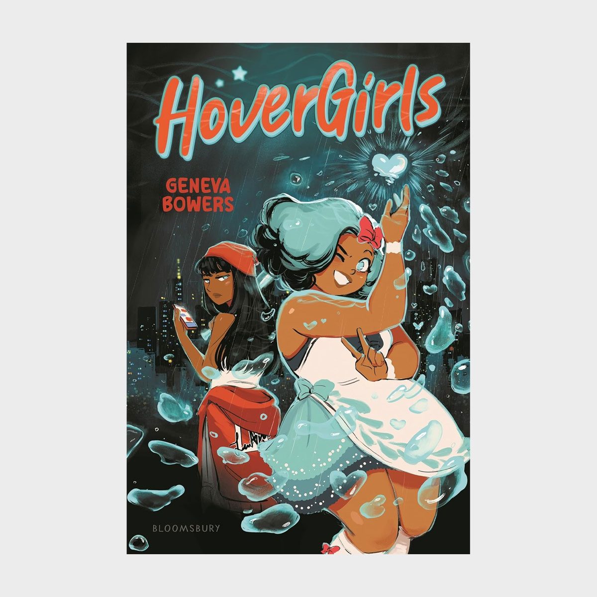 Two girls perform magic in a city nightscape, surrounded by glowing blue elements. Text: "HoverGirls," "Geneva Bowers," "Bloomsbury."
