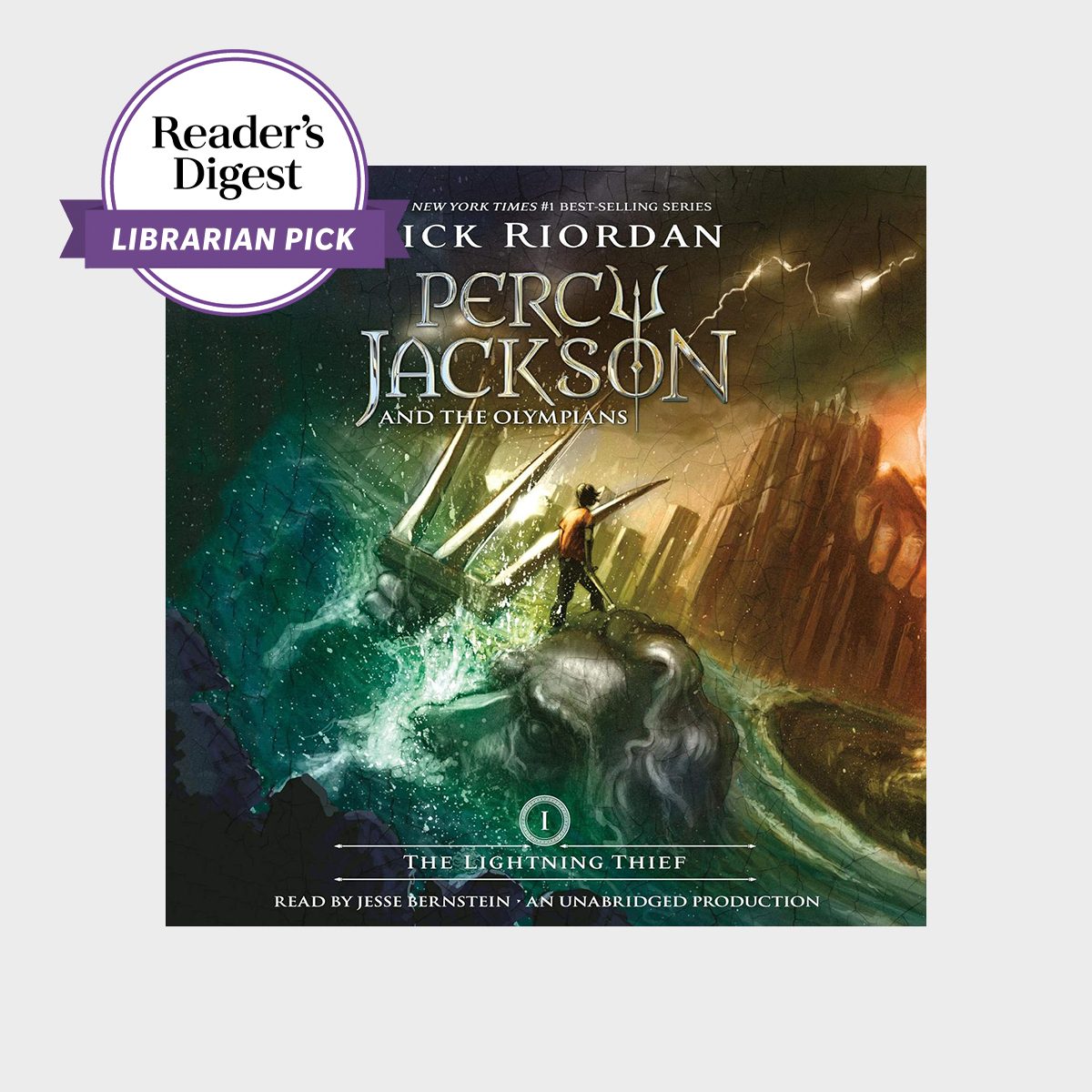 Audiobook cover shows a boy with a sword facing a cityscape under stormy skies. Text: "Reader's Digest Librarian Pick."