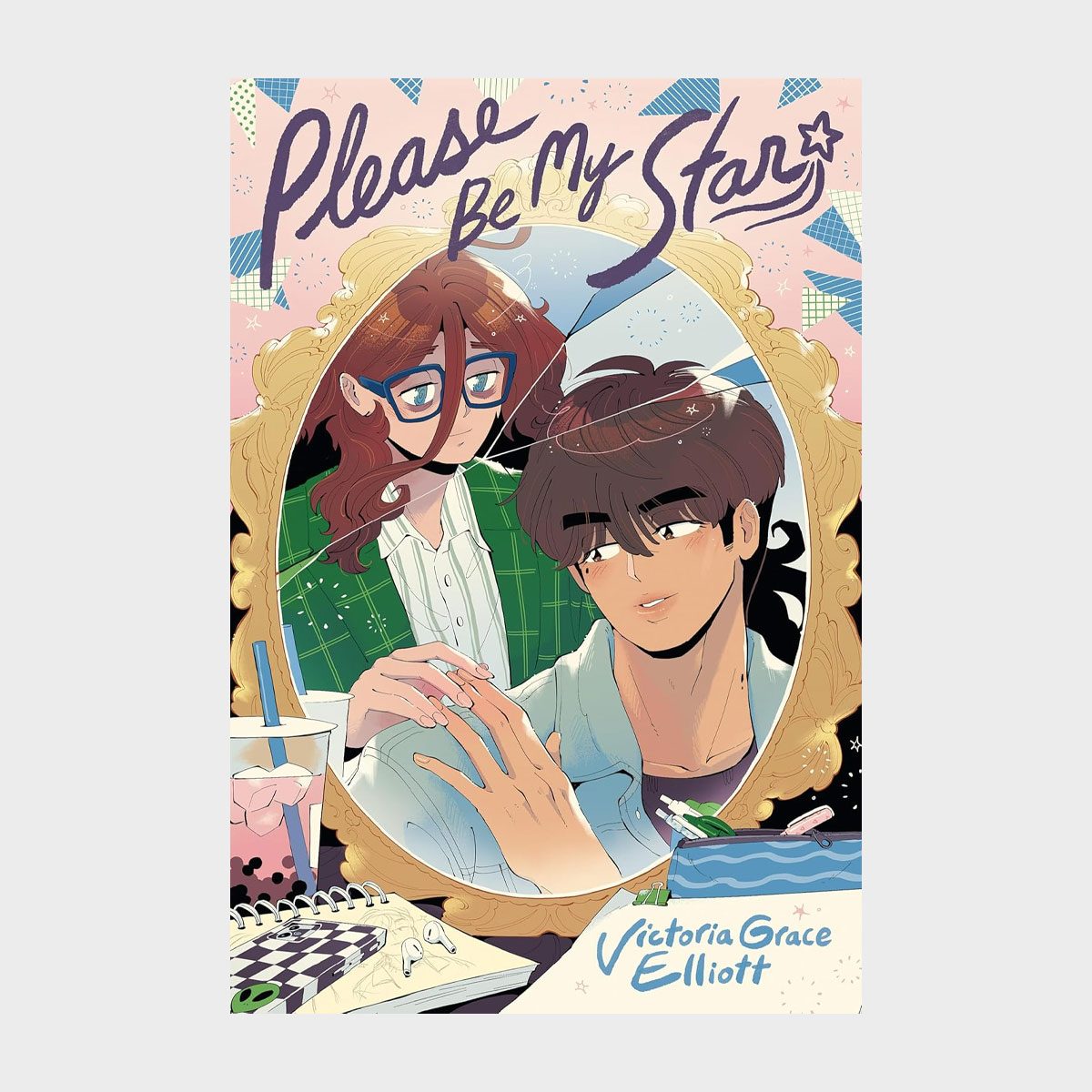 A young person adjusts glasses, reflected in an ornate mirror with a companion. Desk features notebook, drink, and illustrated cover text: "Please Be My Star."
