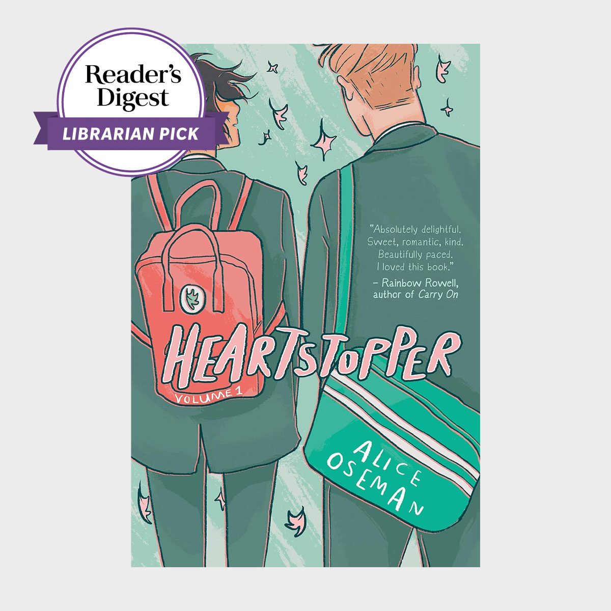 Two students walk side by side with backpacks, surrounded by leaves. The text includes "Heartstopper," "Volume 1," and "Alice Oseman."