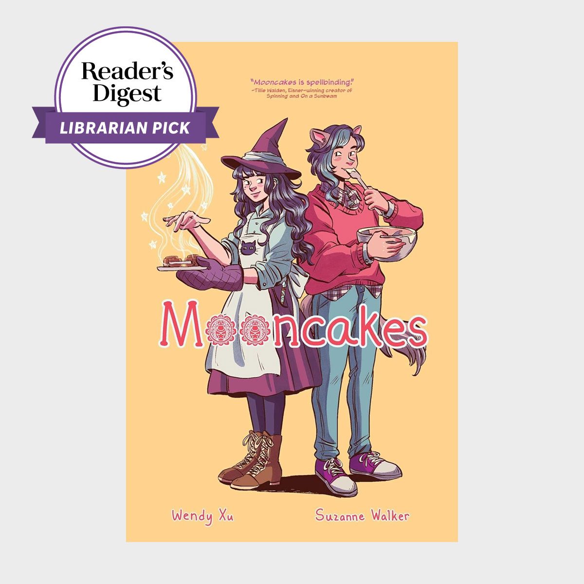 Two characters cook together; one holds steaming pastries, the other mixes in a bowl. The scene is colorful and whimsical. Text: "Mooncakes."