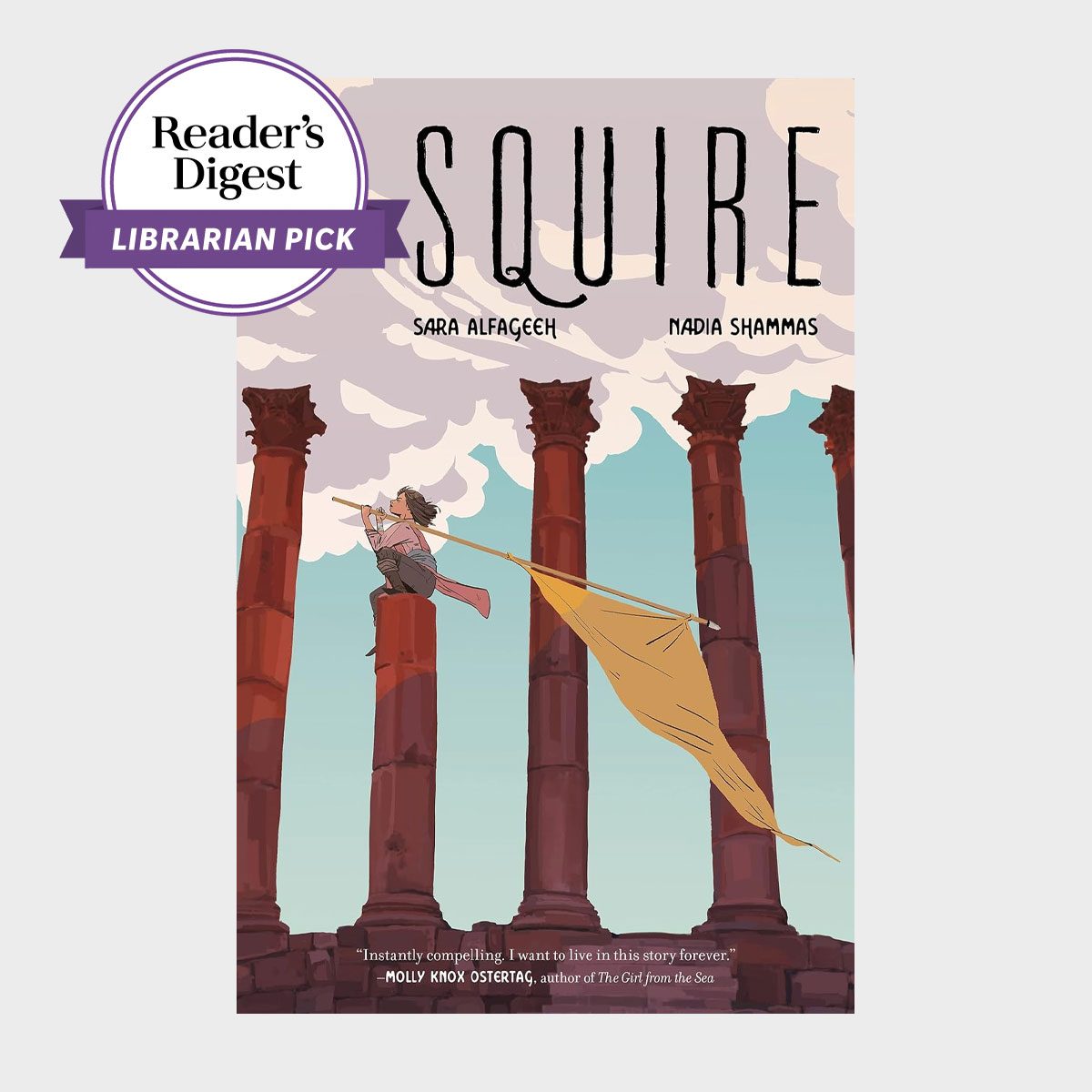 Person sits on a tall column, a flag billowing, surrounded by additional columns under a cloudy sky. Text: "Squire, Sara Alfageeh, Nadia Shammas."