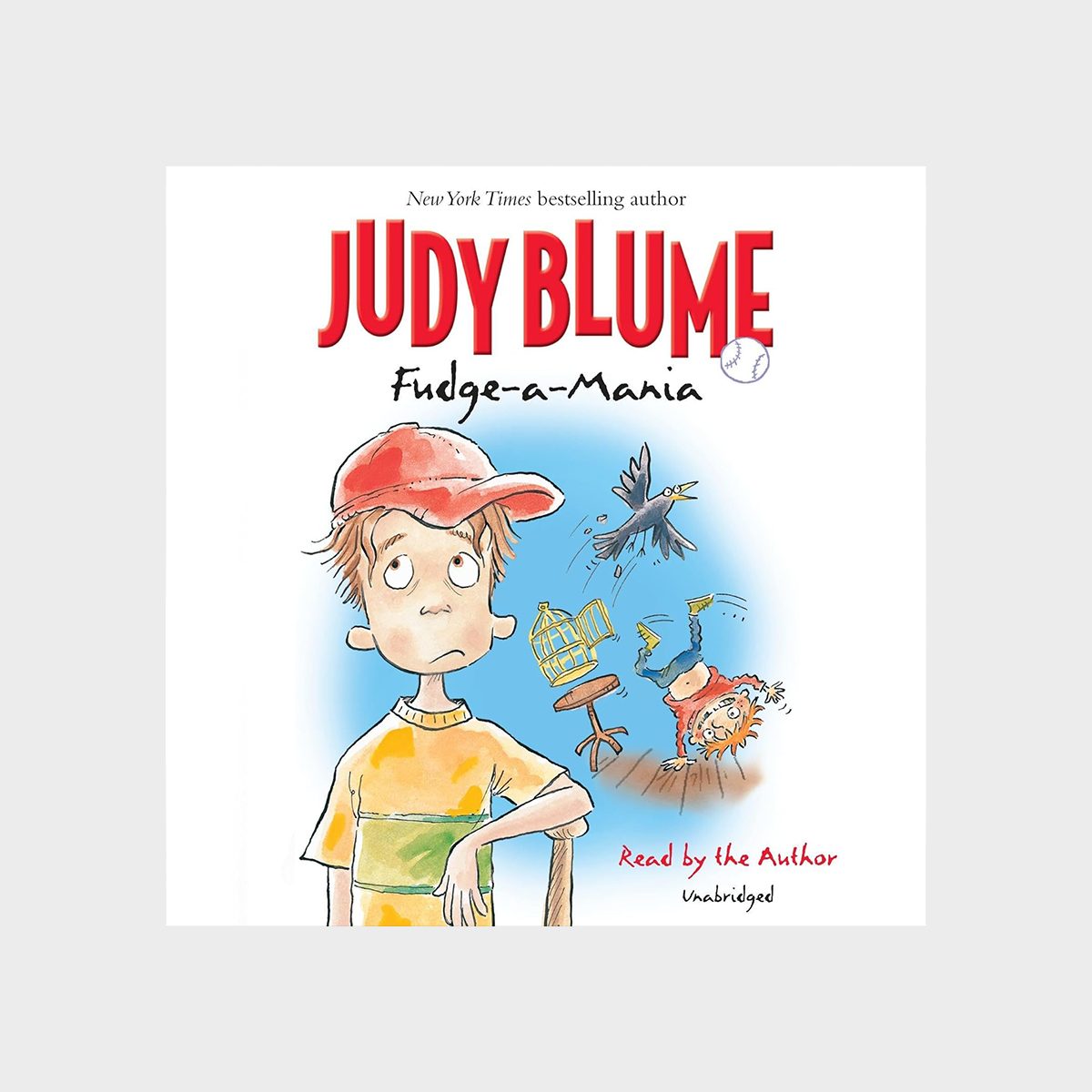 Boy stands thoughtfully, wearing a red cap; nearby chaos with a bird, upturned chair, and falling person. Text: "Judy Blume Fudge-a-Mania."