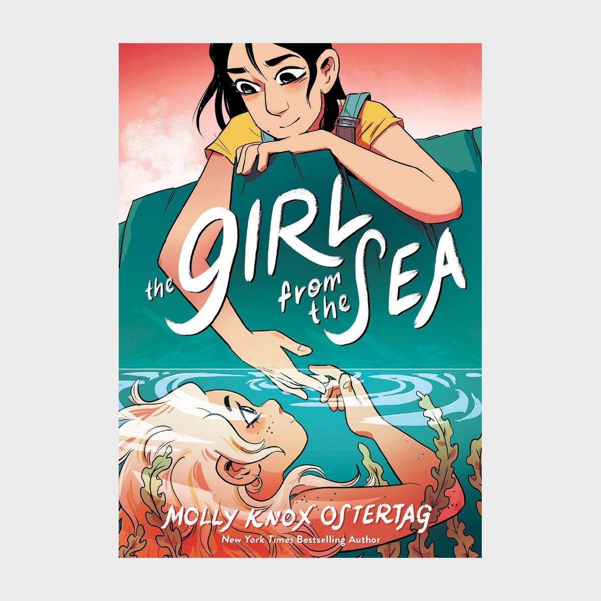 A girl leans over a dock, touching hands with another undersea girl. The backdrop features an illustrated sea and sky. Text: "The Girl from the Sea."