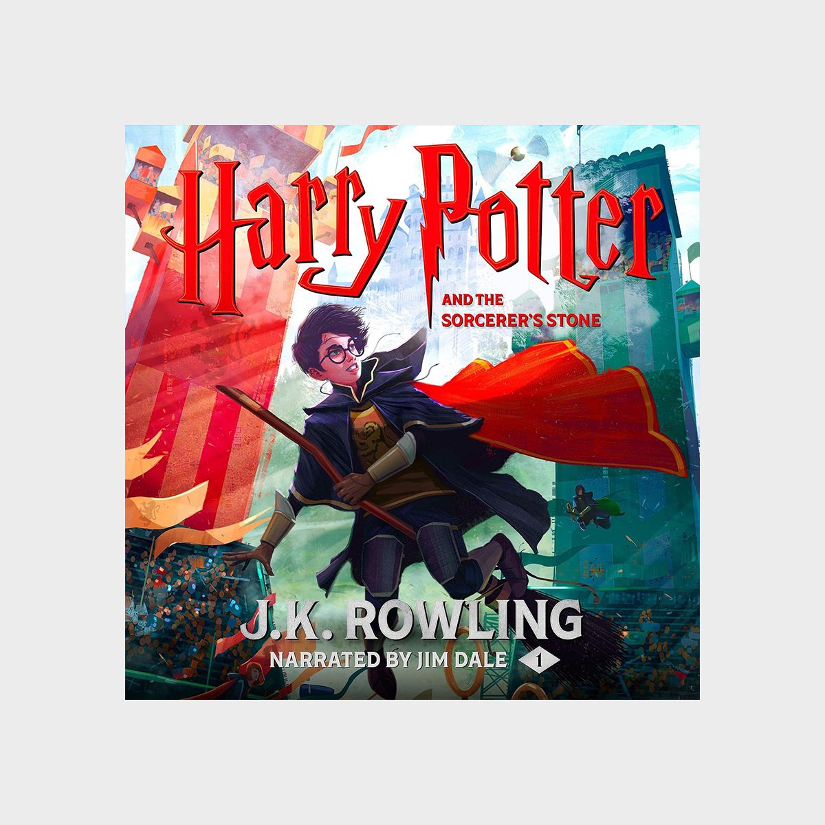 A young wizard rides a broomstick, wearing a cape, amidst swirling banners and castle-like structures, titled "Harry Potter and the Sorcerer's Stone."