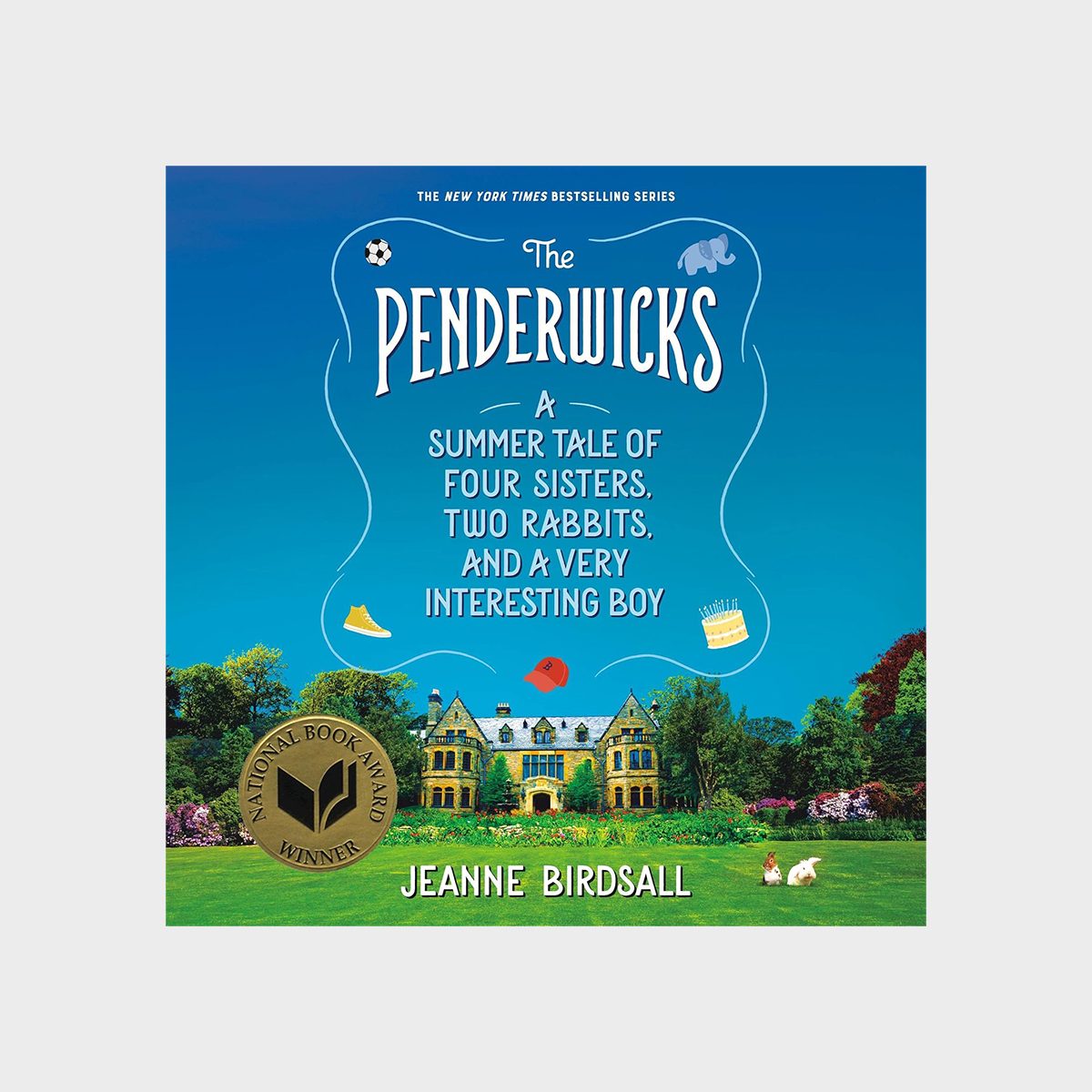 Book cover features a mansion on a bright lawn under a blue sky, titled "The Penderwicks" by Jeanne Birdsall, with award emblem.
