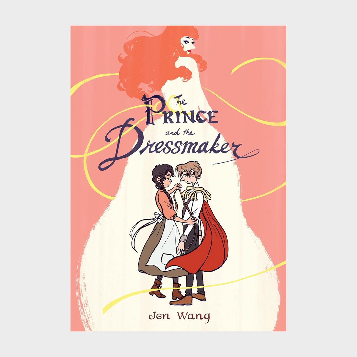 Couple stands close, embracing on a pink background with elegant swirls. Text reads "The Prince and the Dressmaker" by Jen Wang.