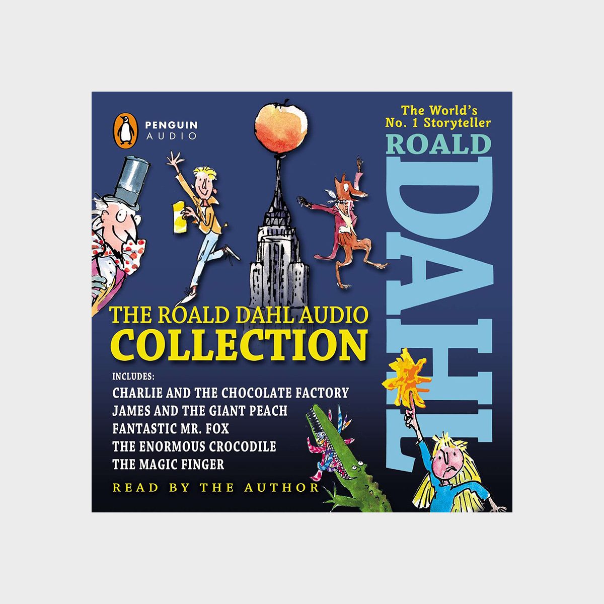 Illustrated characters interact around a giant peach on a building, promoting "The Roald Dahl Audio Collection" featuring classic stories by Roald Dahl.