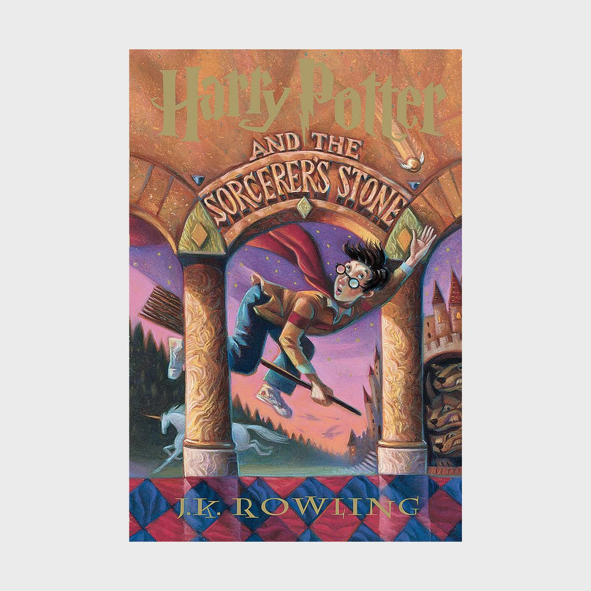 A boy rides a broomstick, flying through an arched structure with unicorns below and a castle in the background. "Harry Potter and the Sorcerer's Stone."