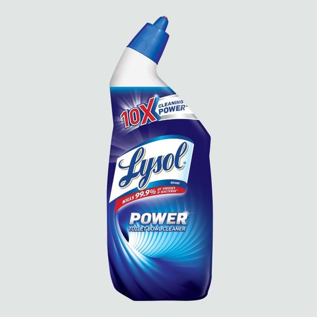 Bottle contains Lysol Power Toilet Bowl Cleaner, angled nozzle, vibrant blue label and cap, emphasizes 
