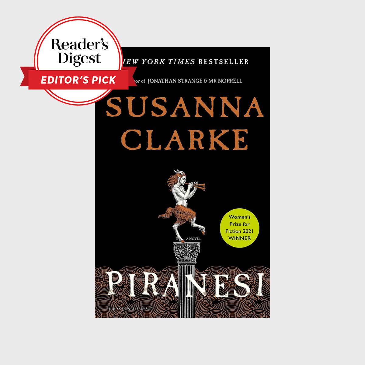 The book cover shows a satyr playing a horn atop a column against a dark background with text detailing awards and author information.