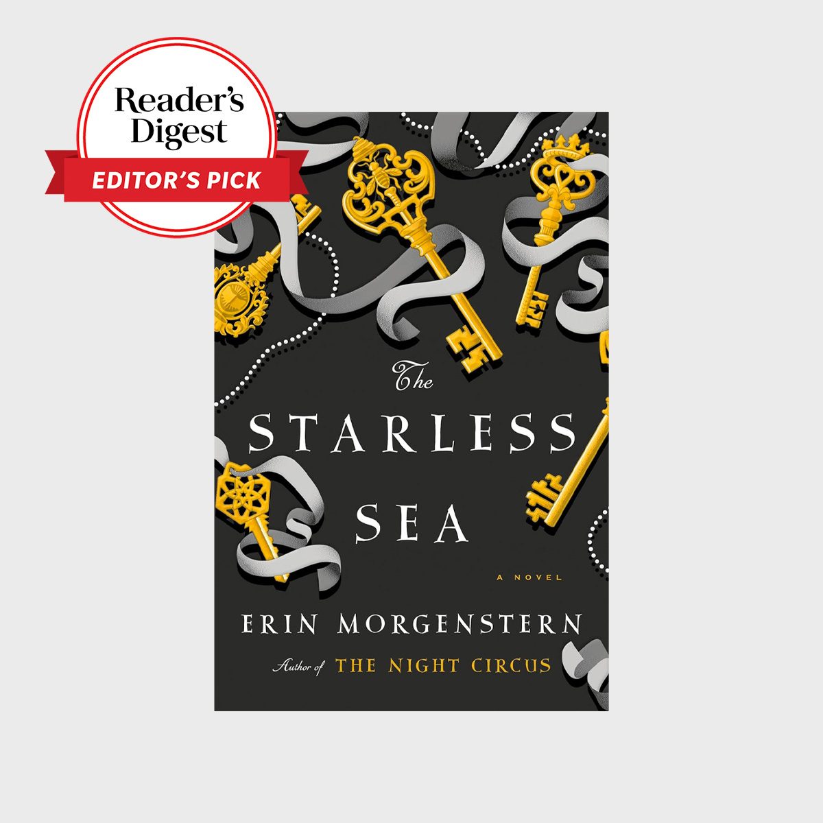 Book cover displays ornate keys with ribbons on a dark background. Text reads "The Starless Sea" by Erin Morgenstern, "Reader's Digest Editor's Pick."