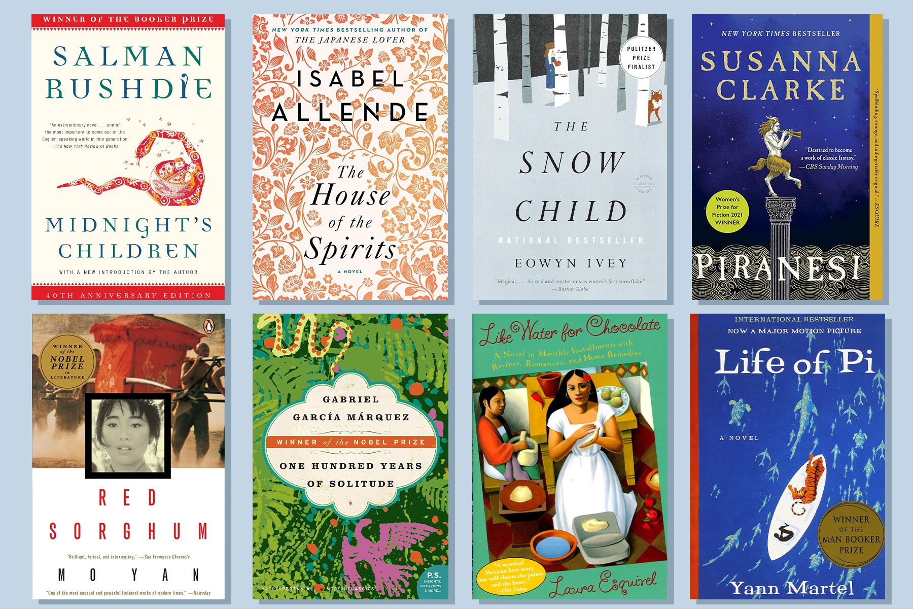 Eight book covers displayed, featuring diverse artwork and titles. Authors include Salman Rushdie, Isabel Allende, and Yann Martel. Covers highlight awards and accolades.