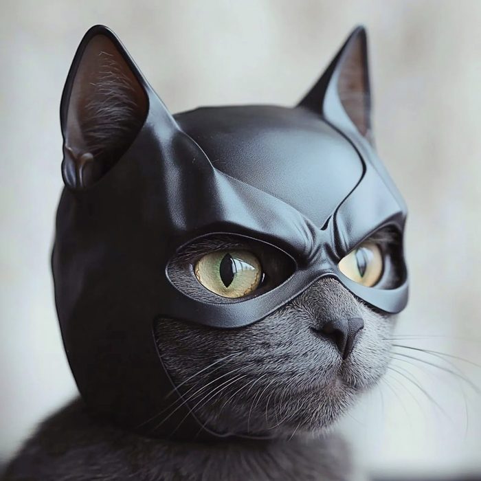 Cat wears a black superhero mask, gazing intently, set against a blurred neutral background.