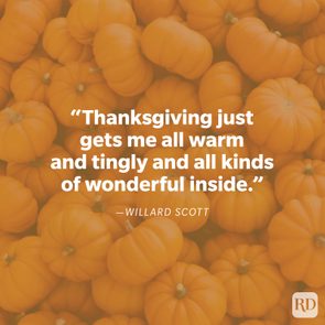 Pumpkins lie clustered. A quote overlays: â€œThanksgiving just gets me all warm and tingly and all kinds of wonderful inside.â€ â€”Willard Scott. Background emphasizes autumn.