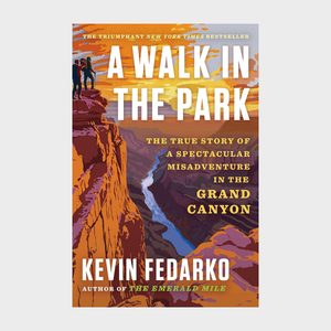 Hikers overlook a canyon, surrounded by sunset-lit cliffs. Text reads: 