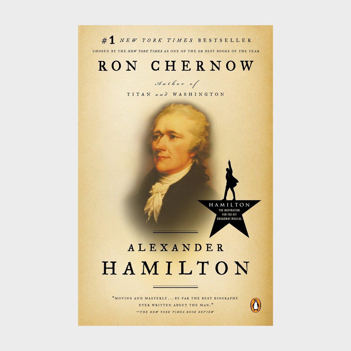 A book cover shows a portrait of Alexander Hamilton, with text highlighting "Ron Chernow" and "Alexander Hamilton," set in a historical context.