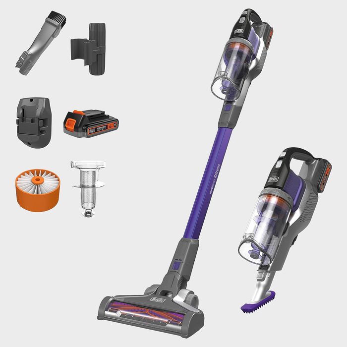 Vacuum components arranged neatly; main vacuum shown assembled and as handheld with various attachments and accessories; set against a plain background.