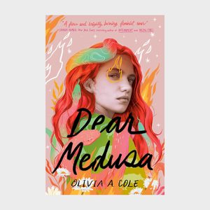 Woman with red hair gazes sideways surrounded by colorful flames, green snake, and flowers. Prominent text reads 